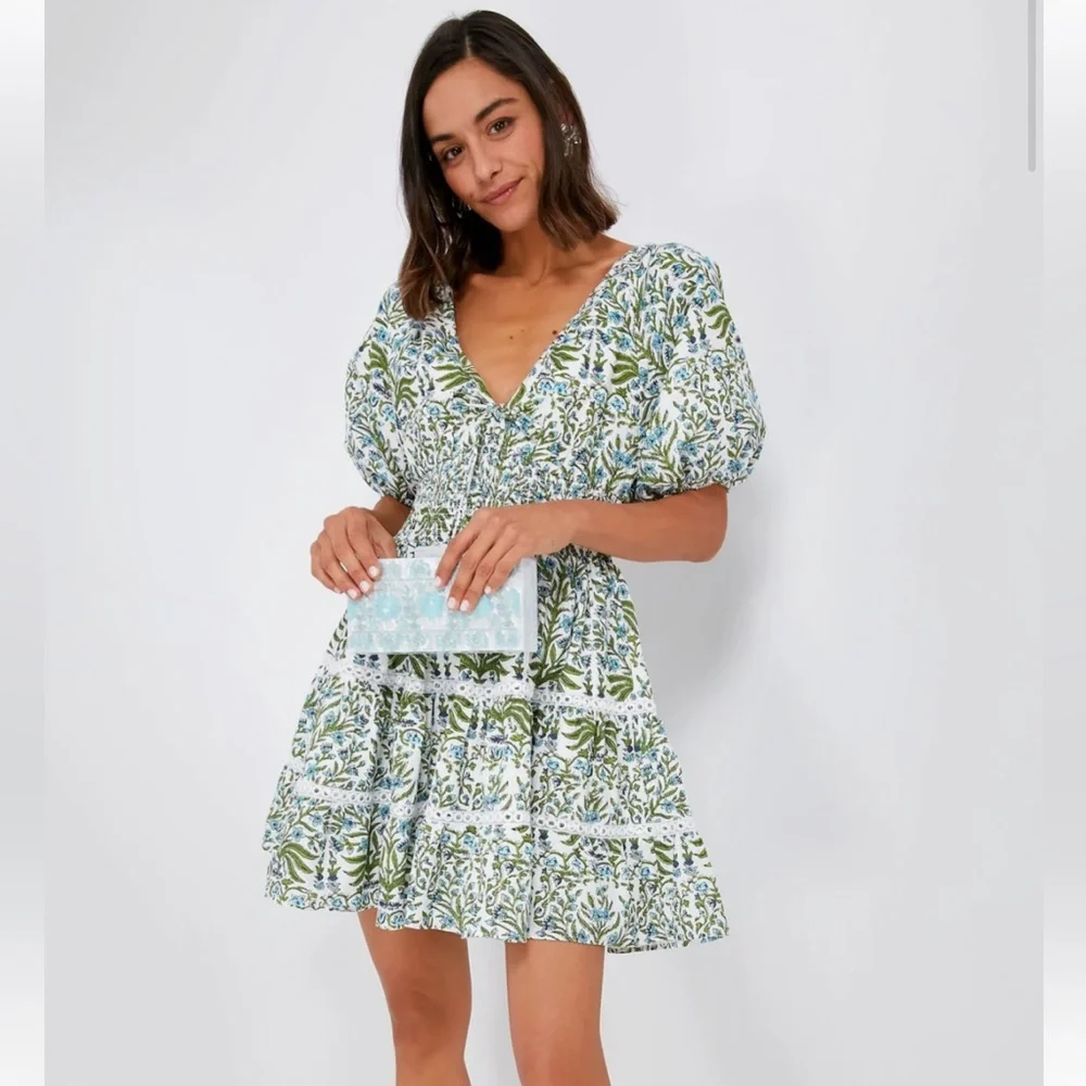 SAYLOR White Dress with Blue & Green Floral Trim - Picture 2 of 5